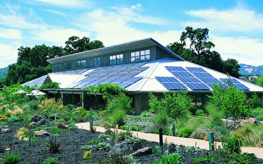 Commercial property with large sun exposed roofs with solar panels